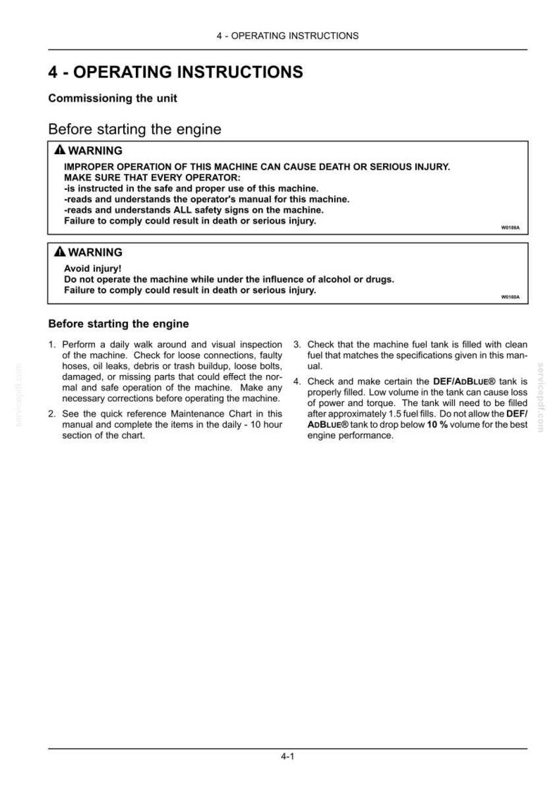 May include: A page of operating instructions titled 4 - OPERATING INSTRUCTIONS, featuring two warning boxes regarding machine safety, engine startup procedures, and maintenance checks for fuel and DEF/ADBLUE tank levels for optimal performance.