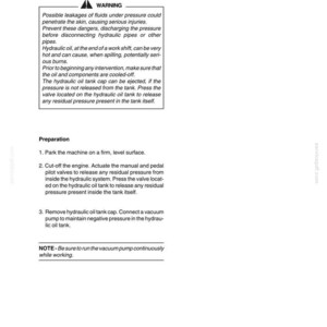 May include: A white document with the title "Removal and Installation of Swing Device" and safety warnings. Instructions include steps for hydraulic oil tank maintenance and safety precautions. The document also includes a warning about potential injuries.