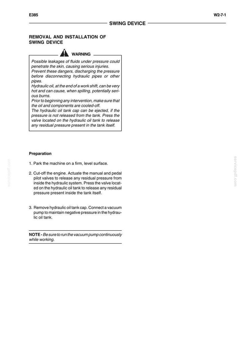May include: A white document with the title "Removal and Installation of Swing Device" and safety warnings. Instructions include steps for hydraulic oil tank maintenance and safety precautions. The document also includes a warning about potential injuries.
