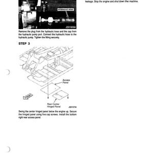 May include: Diagram from a manual showing steps for hydraulic pump maintenance. Includes close-ups of hydraulic hoses, pump components, and diagrams of access panels. Text includes instructions and part numbers.