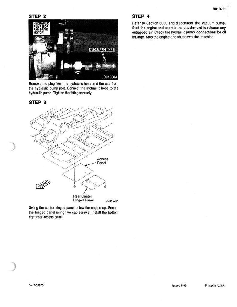 May include: Diagram from a manual showing steps for hydraulic pump maintenance. Includes close-ups of hydraulic hoses, pump components, and diagrams of access panels. Text includes instructions and part numbers.