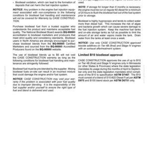 May include: A page from a maintenance manual detailing biodiesel fuel storage, usage, and approval. The text includes warnings about fuel quality, storage duration, and the use of approved additives. It also mentions ASTM standards.