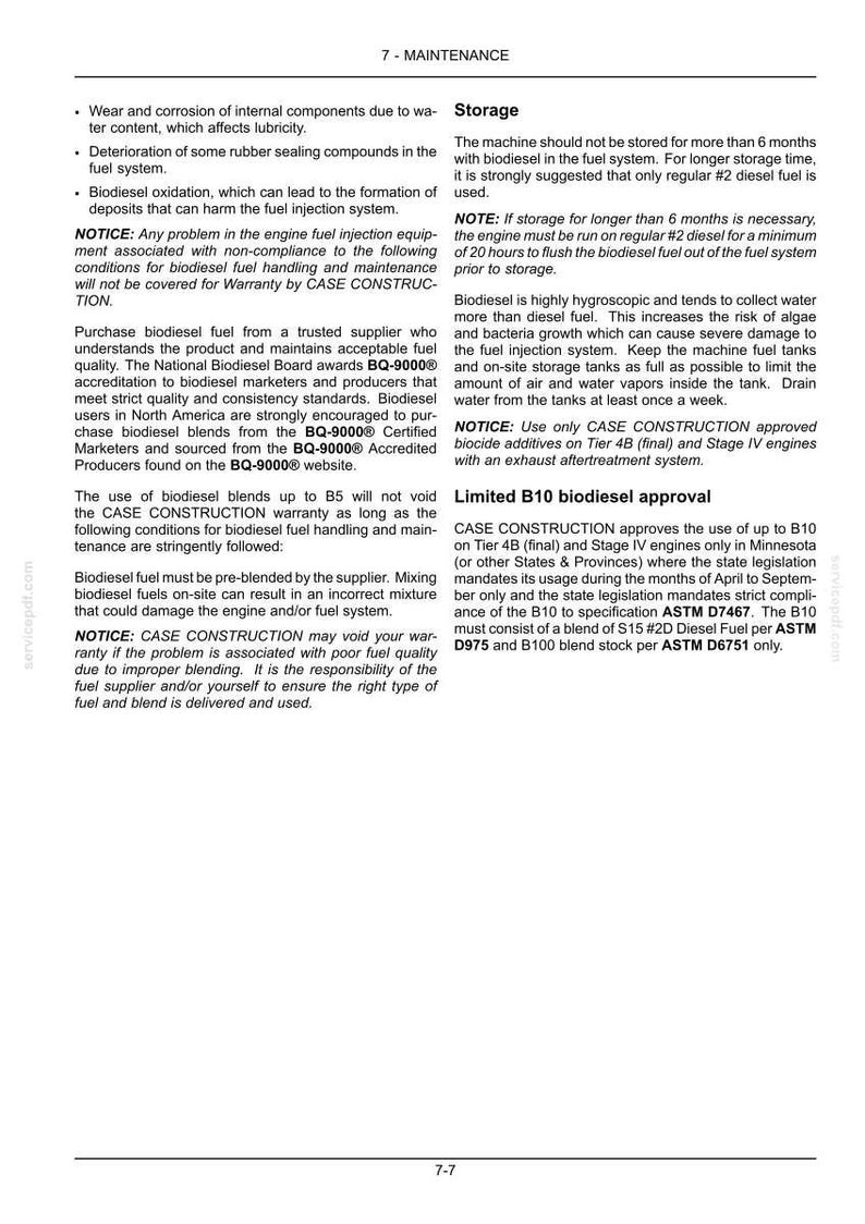May include: A page from a maintenance manual detailing biodiesel fuel storage, usage, and approval. The text includes warnings about fuel quality, storage duration, and the use of approved additives. It also mentions ASTM standards.