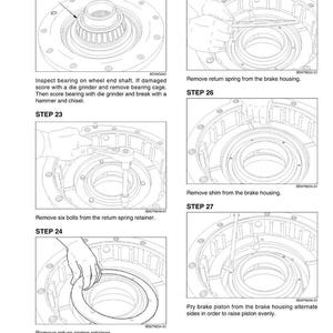 May include: Diagram of mechanical components with step-by-step instructions. Includes images of brake housing, bolts, and spring removal. Text includes instructions for inspecting bearings and removing parts.