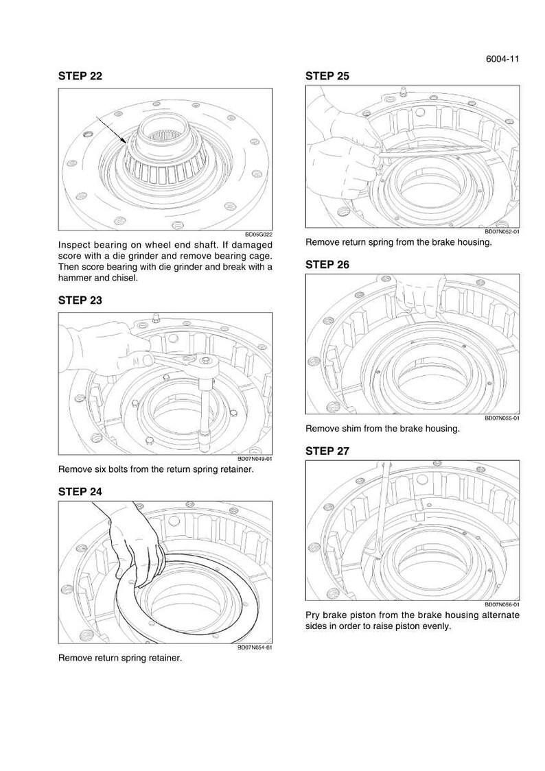May include: Diagram of mechanical components with step-by-step instructions. Includes images of brake housing, bolts, and spring removal. Text includes instructions for inspecting bearings and removing parts.