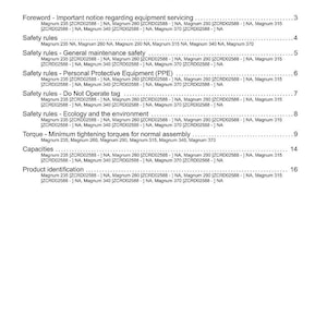 May include: A document page titled "Contents" with an "INTRODUCTION" section. The page lists safety rules, including general maintenance, personal protective equipment, and ecology. It also includes torque specifications and product identification information.