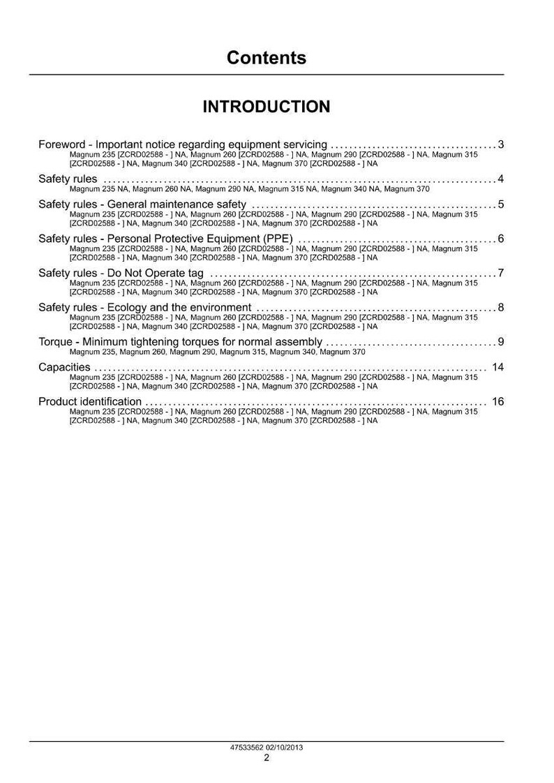 May include: A document page titled "Contents" with an "INTRODUCTION" section. The page lists safety rules, including general maintenance, personal protective equipment, and ecology. It also includes torque specifications and product identification information.