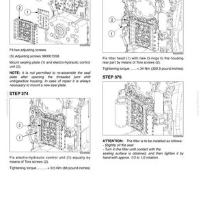 May include: A technical manual page showing steps 373 through 376 for mechanical assembly. Diagrams illustrate the installation of a sealing plate, electro-hydraulic control unit, and filter, including torque specifications of 84 and 300.9 pound inches.