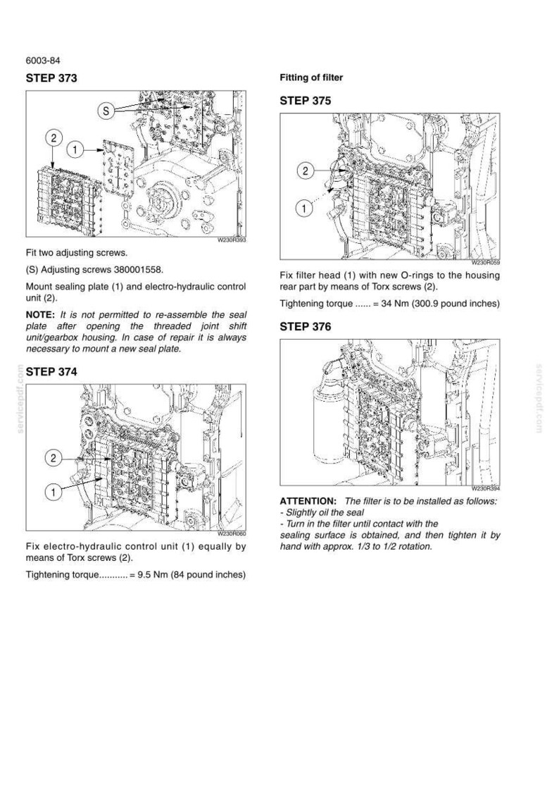 May include: A technical manual page showing steps 373 through 376 for mechanical assembly. Diagrams illustrate the installation of a sealing plate, electro-hydraulic control unit, and filter, including torque specifications of 84 and 300.9 pound inches.