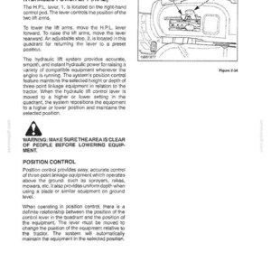 May include: A technical manual page titled OPERATION TRACTOR HYDRAULICS HYDRAULIC POWER LIFT (H.P.L.) featuring a black and white line drawing labelled Figure 2-34 showing a control lever and adjustable stop, with text explaining lift arm operation.