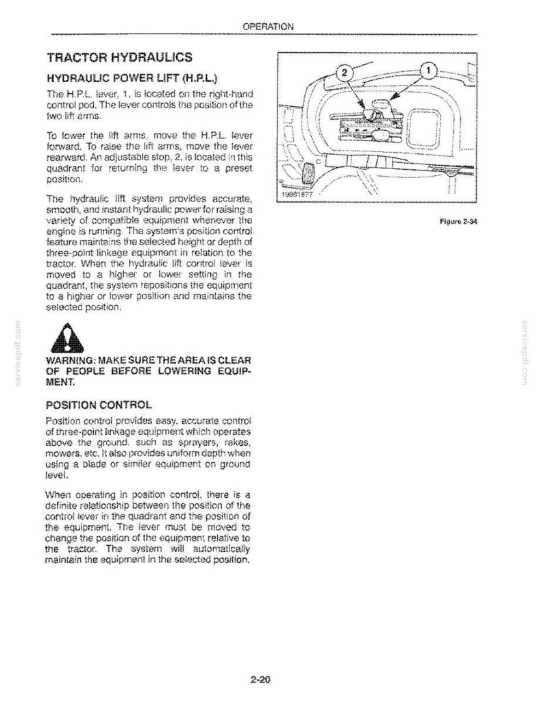 May include: A technical manual page titled OPERATION TRACTOR HYDRAULICS HYDRAULIC POWER LIFT (H.P.L.) featuring a black and white line drawing labelled Figure 2-34 showing a control lever and adjustable stop, with text explaining lift arm operation.