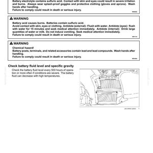 Op de afbeelding: Een pagina uit een technisch handboek getiteld 7-MAINTENANCE Battery electrolyte level - Check. Het bevat drie waarschuwingskaders over zwavelzuur, chemische gevaren en loodverbindingen, plus een lijntekening van een accu en instructies.