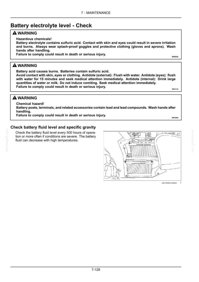 Op de afbeelding: Een pagina uit een technisch handboek getiteld 7-MAINTENANCE Battery electrolyte level - Check. Het bevat drie waarschuwingskaders over zwavelzuur, chemische gevaren en loodverbindingen, plus een lijntekening van een accu en instructies.