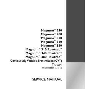 May include: A white service manual with the text "Magnum" followed by model numbers 250, 280, 310, 340, and 380. The manual also lists "Rowtrac" models and "Continuously Variable Transmission (CVT) Tractor". The Case IH Agriculture logo is in the bottom right.