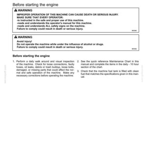 May include: A page of operating instructions titled 4-OPERATING INSTRUCTIONS and COMMISSIONING THE UNIT. It includes two warning boxes regarding machine operation safety, followed by numbered steps for performing a daily inspection before starting the engine.