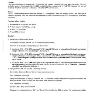 May include: A technical document detailing fault codes for electrical systems. The document includes troubleshooting steps for the 2705-ZTC-CAN message PTCTL1 signal DTRR error, covering causes, possible failures, and solutions. The text also includes resistance measurements in Ohms.