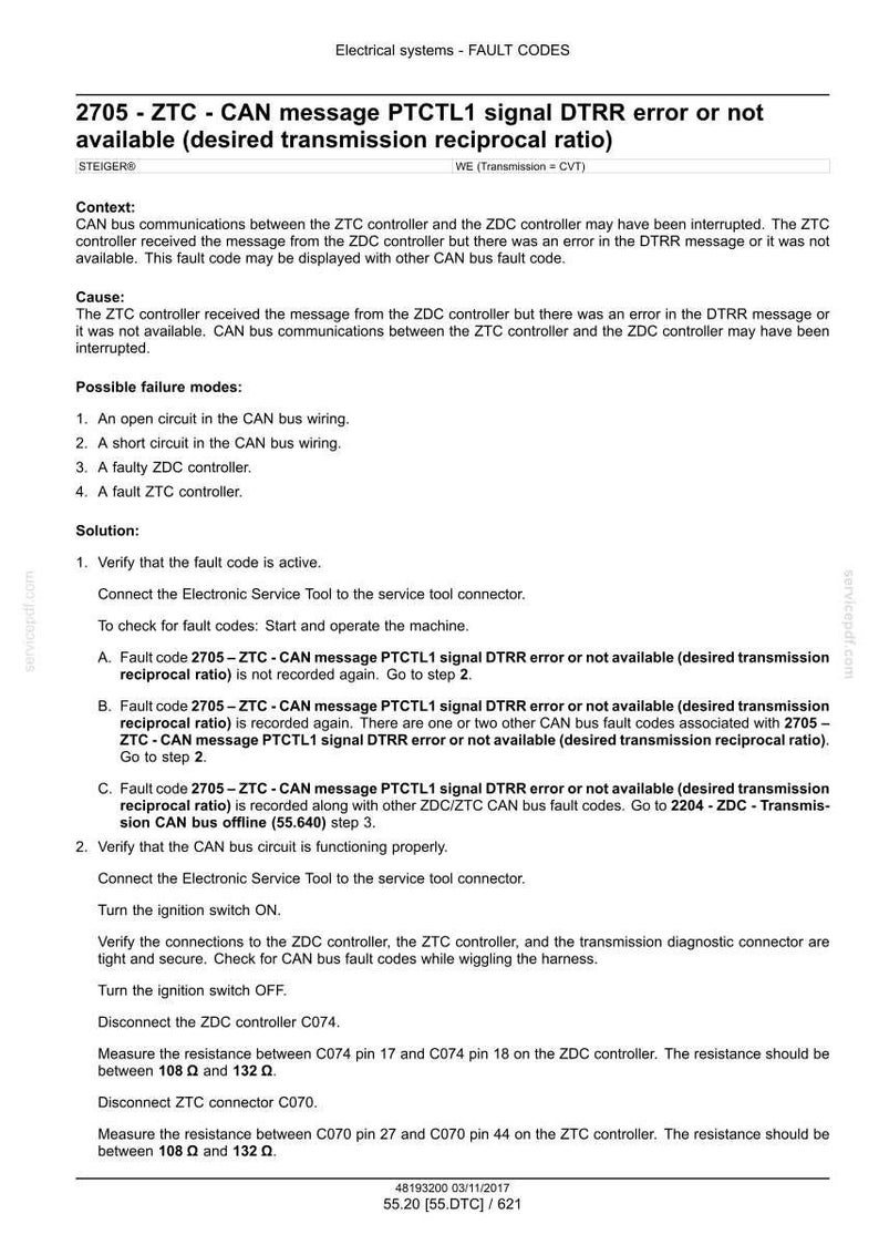 May include: A technical document detailing fault codes for electrical systems. The document includes troubleshooting steps for the 2705-ZTC-CAN message PTCTL1 signal DTRR error, covering causes, possible failures, and solutions. The text also includes resistance measurements in Ohms.