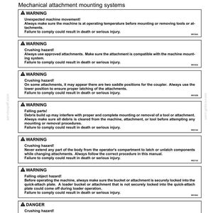 May include: A page from a manual titled "6 - WORKING OPERATIONS" with safety warnings about mechanical attachment mounting systems. Warnings include crushing, falling parts, and unexpected machine movement. Text is black on a white background.