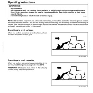 May include: Page from a manual titled "6 - WORKING OPERATIONS" with operating instructions and diagrams of a construction vehicle. The page includes a warning about impact hazards and instructions for leveling surfaces and pushing materials.