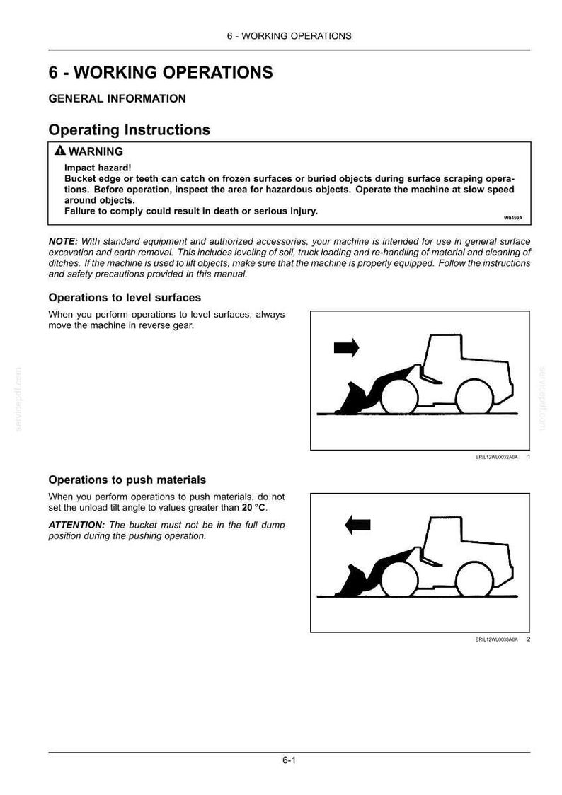 May include: Page from a manual titled "6 - WORKING OPERATIONS" with operating instructions and diagrams of a construction vehicle. The page includes a warning about impact hazards and instructions for leveling surfaces and pushing materials.
