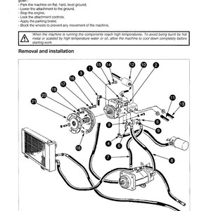 May include: Diagram of a variable displacement hydraulic pump with numbered components and connecting lines. Text at the top reads "VARIABLE DISPLACEMENT HYDRAULIC PUMP". Instructions for service work are listed above the diagram.