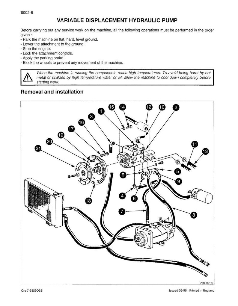 May include: Diagram of a variable displacement hydraulic pump with numbered components and connecting lines. Text at the top reads "VARIABLE DISPLACEMENT HYDRAULIC PUMP". Instructions for service work are listed above the diagram.