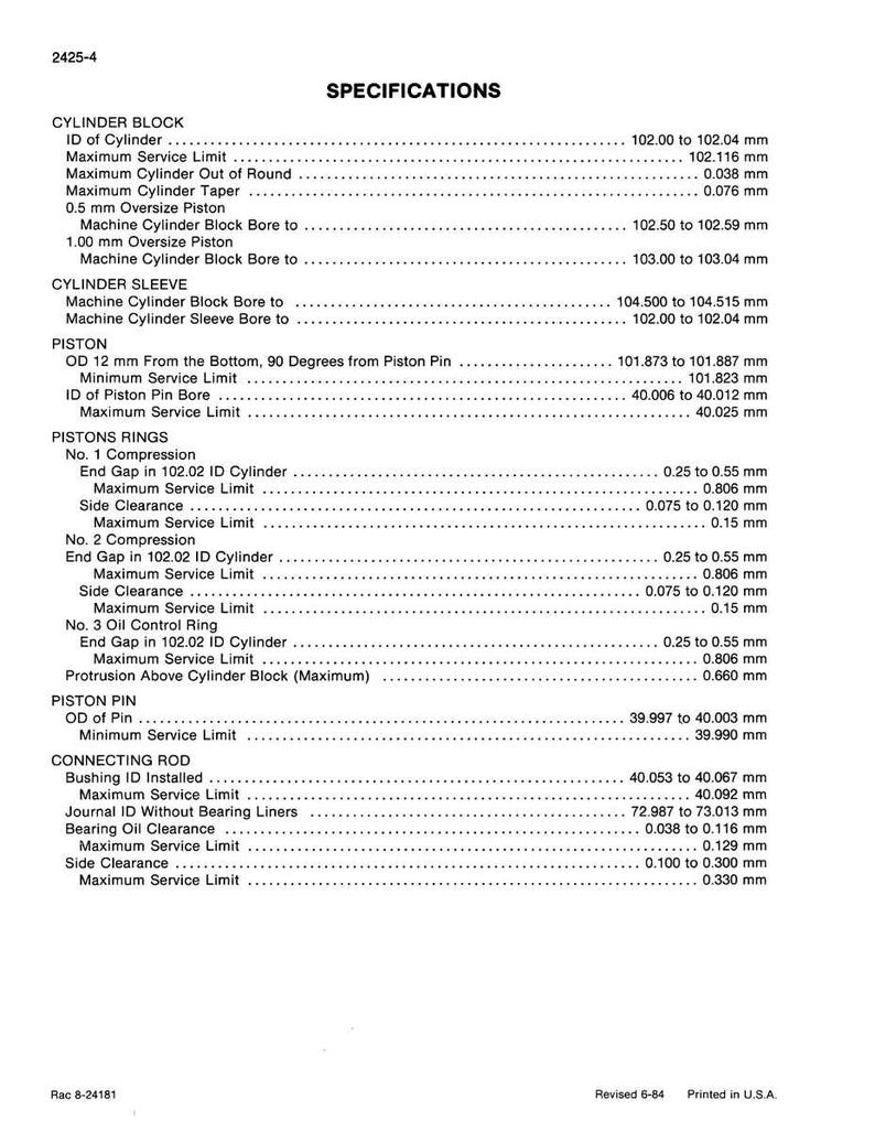 May include: Specifications sheet with detailed measurements for cylinder block, piston, and connecting rod components. Includes dimensions in millimeters for various engine parts, such as cylinder bore and piston pin.