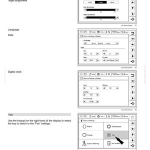 May include: A screenshot of a control panel interface with options for units, brightness, language, and date settings. The interface includes a digital clock and a fan setting, with arrows for navigation. The text reads "3 - CONTROLS AND INSTRUMENTS".