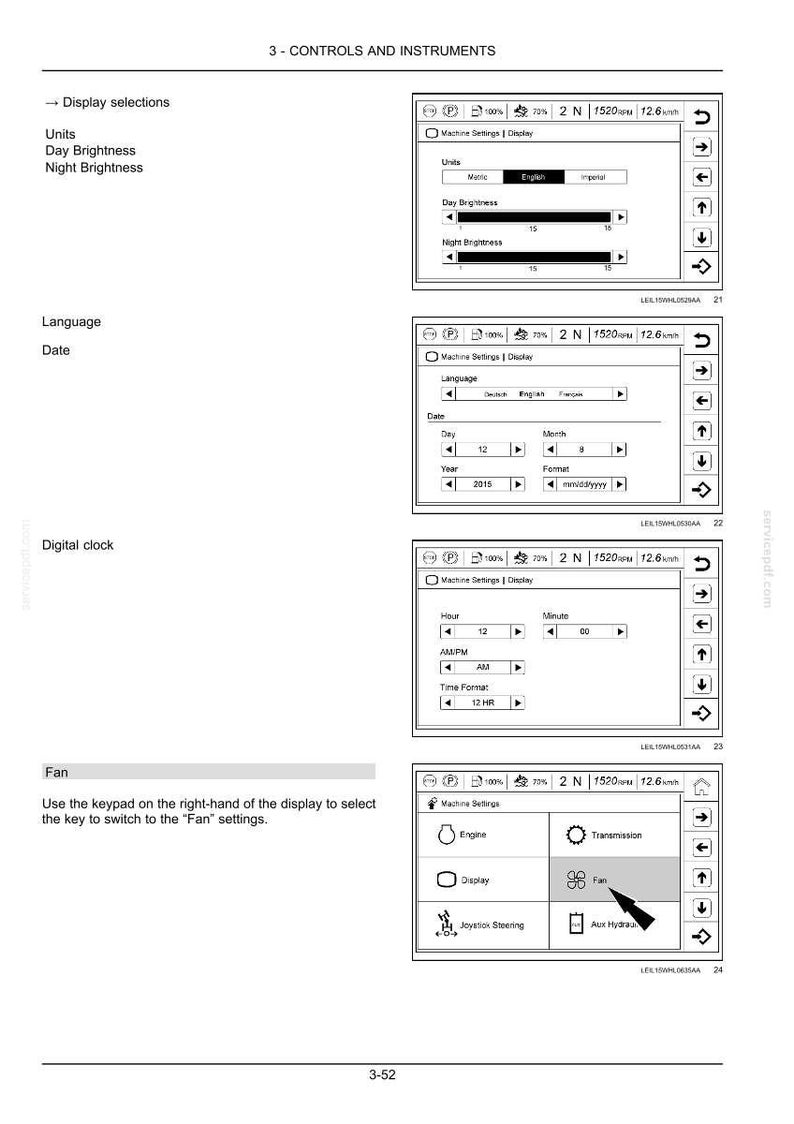 May include: A screenshot of a control panel interface with options for units, brightness, language, and date settings. The interface includes a digital clock and a fan setting, with arrows for navigation. The text reads "3 - CONTROLS AND INSTRUMENTS".