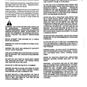 May include: A black and white instructional page titled CONTROLS, INSTRUMENTS, AND OPERATION, detailing safety procedures for tractor tire inflation, including warnings about tire pressure, jack usage, and maintenance to prevent serious injury.