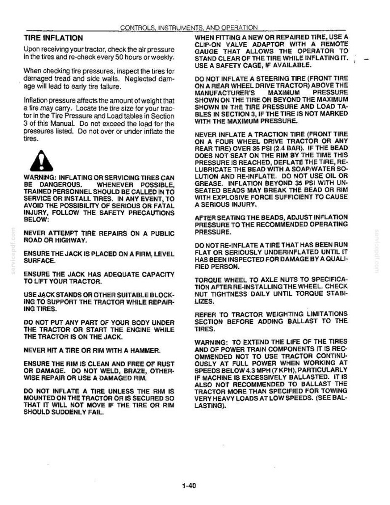 May include: A black and white instructional page titled CONTROLS, INSTRUMENTS, AND OPERATION, detailing safety procedures for tractor tire inflation, including warnings about tire pressure, jack usage, and maintenance to prevent serious injury.