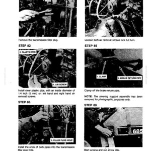 May include: A black and white technical diagram with instructions for automotive repair. Steps include removing plugs, installing pipes, and clamping components. Text includes warnings about engine operation and ventilation.