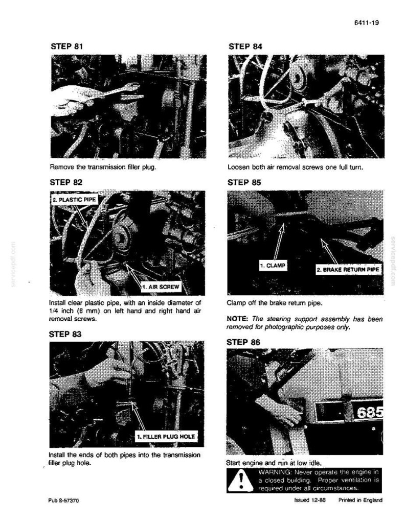 May include: A black and white technical diagram with instructions for automotive repair. Steps include removing plugs, installing pipes, and clamping components. Text includes warnings about engine operation and ventilation.