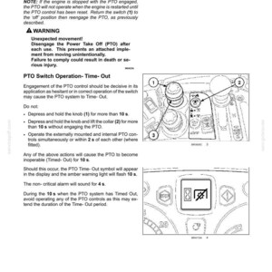 May include: A technical manual page titled 6-WORKING OPERATIONS detailing PTO switch operation. It includes text instructions, a warning about unexpected movement, and two black and white line drawings showing a control knob and a display panel.