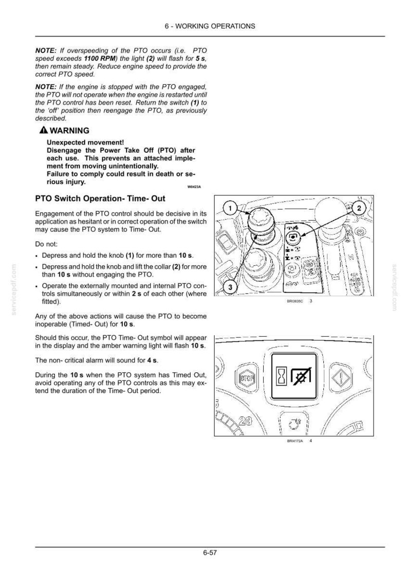 May include: A technical manual page titled 6-WORKING OPERATIONS detailing PTO switch operation. It includes text instructions, a warning about unexpected movement, and two black and white line drawings showing a control knob and a display panel.