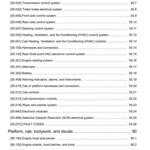 May include: A detailed technical document with a table of contents listing various vehicle systems, including engine, transmission, and electrical components. The document is printed on white paper with black text.