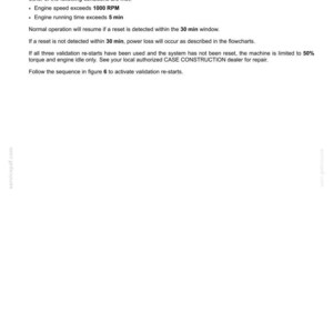 May include: A white document with the title "3 - CONTROLS AND INSTRUMENTS" and the text "Validation re-starts". The document provides instructions on machine operation after a fault is detected, including engine speed and running time limits.