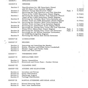 Puede incluir: Documento impreso en blanco y negro titulado "600-660 Combine Service Manual 9-63801". La tabla de contenidos enumera secciones sobre motores, lubricaci&oacute;n, cabezal, unidad de trilla, unidad de separaci&oacute;n, unidad de limpieza, sinfines, elevadores y direcci&oacute;n manual.