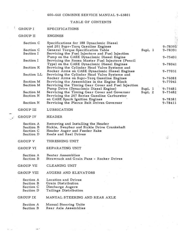 Puede incluir: Documento impreso en blanco y negro titulado "600-660 Combine Service Manual 9-63801". La tabla de contenidos enumera secciones sobre motores, lubricaci&oacute;n, cabezal, unidad de trilla, unidad de separaci&oacute;n, unidad de limpieza, sinfines, elevadores y direcci&oacute;n manual.