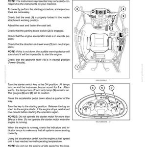 Pu&ograve; includere: Una pagina di documento tecnico intitolata 4 - OPERATING INSTRUCTIONS, contenente testo sull'avviamento di un motore e due disegni al tratto in bianco e nero. Un diagramma mostra l'interno della cabina di una pala caricatrice con comandi numerati.