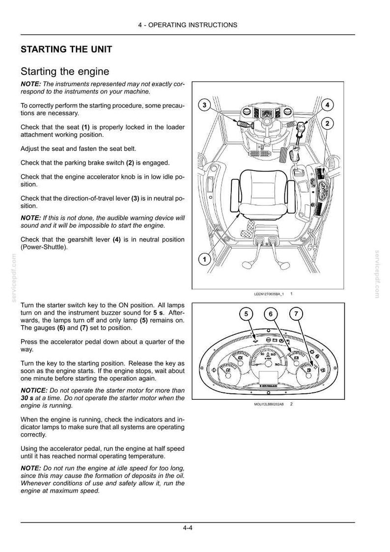 Pu&ograve; includere: Una pagina di documento tecnico intitolata 4 - OPERATING INSTRUCTIONS, contenente testo sull'avviamento di un motore e due disegni al tratto in bianco e nero. Un diagramma mostra l'interno della cabina di una pala caricatrice con comandi numerati.