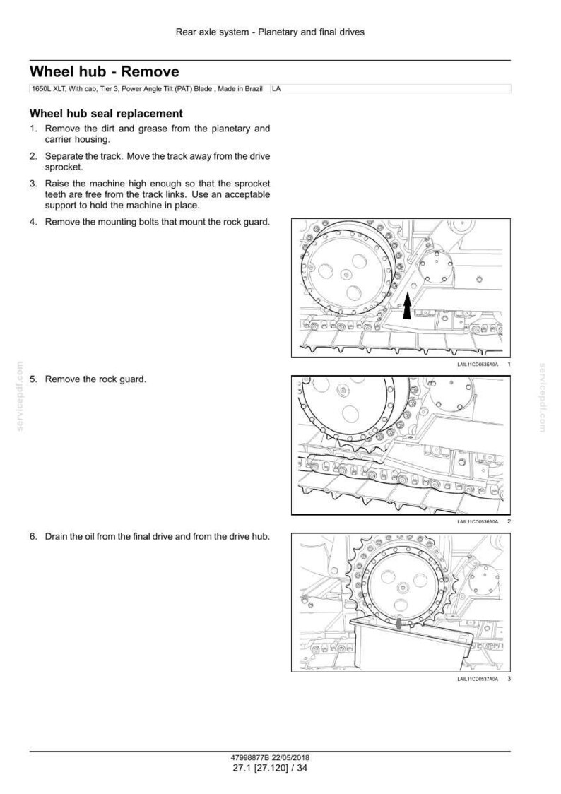 May include: Diagram of a wheel hub removal procedure, with detailed illustrations of the rear axle system. Includes steps for seal replacement, with text instructions and numbered diagrams. The image is in black and white.