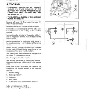 May include: Diagram and instructions for connecting and disconnecting booster cables on a machine. Includes a warning about potential battery explosion. The electrical system operates at 12 V DC. The image shows a machine with numbered parts and a wiring diagram.