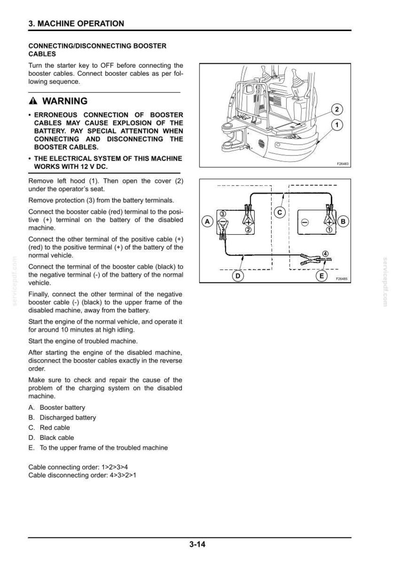 May include: Diagram and instructions for connecting and disconnecting booster cables on a machine. Includes a warning about potential battery explosion. The electrical system operates at 12 V DC. The image shows a machine with numbered parts and a wiring diagram.