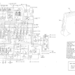 May include: A detailed engineering diagram in black and white, featuring schematics of hydraulic and electrical components. The diagram includes multiple sections with lines, symbols, and labels, along with a smaller, isometric view of a machine arm.