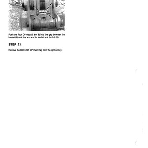 May include: Technical diagram with the text "STEP 20" and "STEP 21". The image shows a close-up of mechanical components with arrows pointing to "O-RINGS". Instructions include pushing O-rings into a gap and removing a "DO NOT OPERATE" tag.