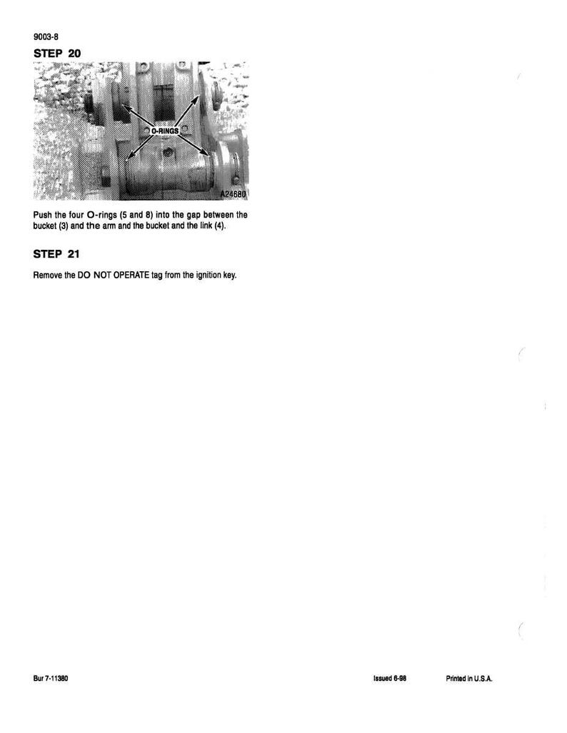 May include: Technical diagram with the text "STEP 20" and "STEP 21". The image shows a close-up of mechanical components with arrows pointing to "O-RINGS". Instructions include pushing O-rings into a gap and removing a "DO NOT OPERATE" tag.
