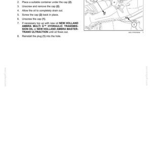 May include: A technical manual page titled 7 - MAINTENANCE Four-Wheel Drive (4WD) axle - Change fluid. It includes numbered instructions for changing oil and a black and white line drawing of a tractor axle with two labeled components, 1 and 2.
