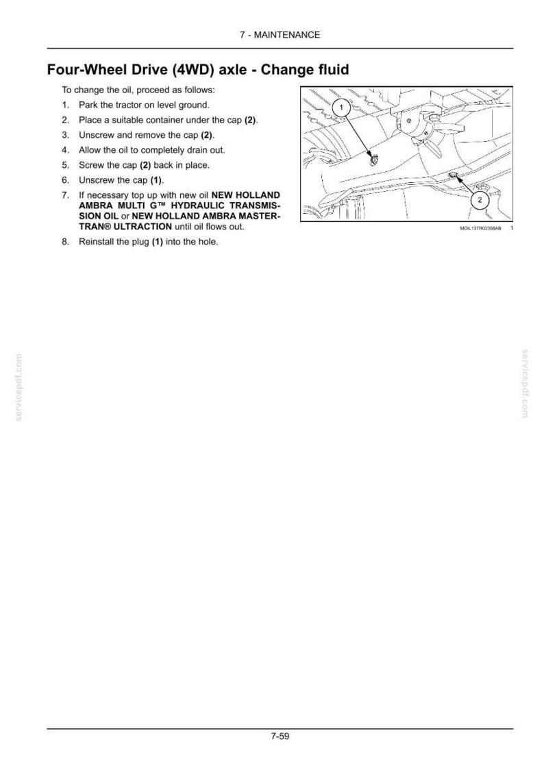 May include: A technical manual page titled 7 - MAINTENANCE Four-Wheel Drive (4WD) axle - Change fluid. It includes numbered instructions for changing oil and a black and white line drawing of a tractor axle with two labeled components, 1 and 2.