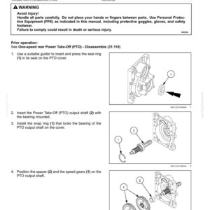 May include: A technical manual page titled Two-speed rear Power Take-Off (PTO) - Assemble mechanical PTO 540/540E rpm. It features black and white line drawings showing the assembly steps for a tractor PTO component, including numbered parts.